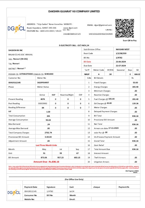 INDIA DGVCL business utility bill Word and PDF template PSD template